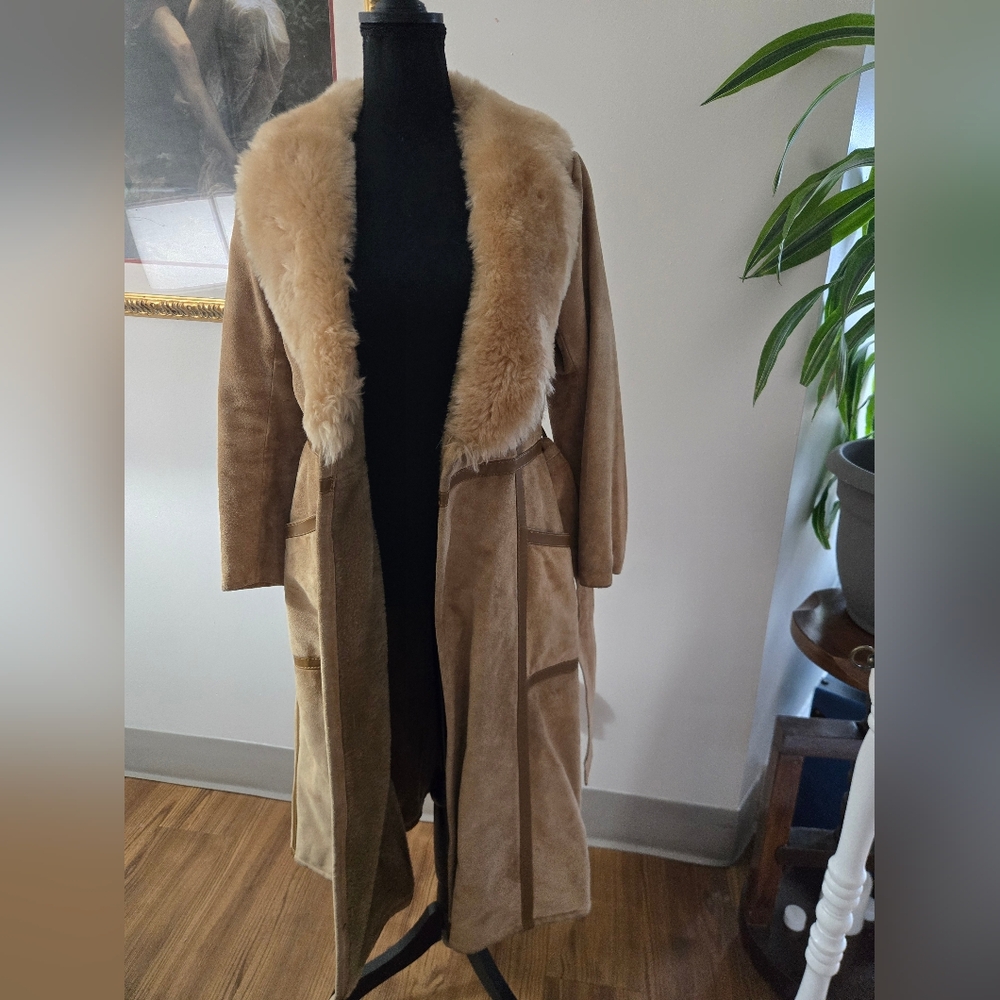 Long Vintage Suede Jacket Faux Fur Collar - Picture 12 of 16